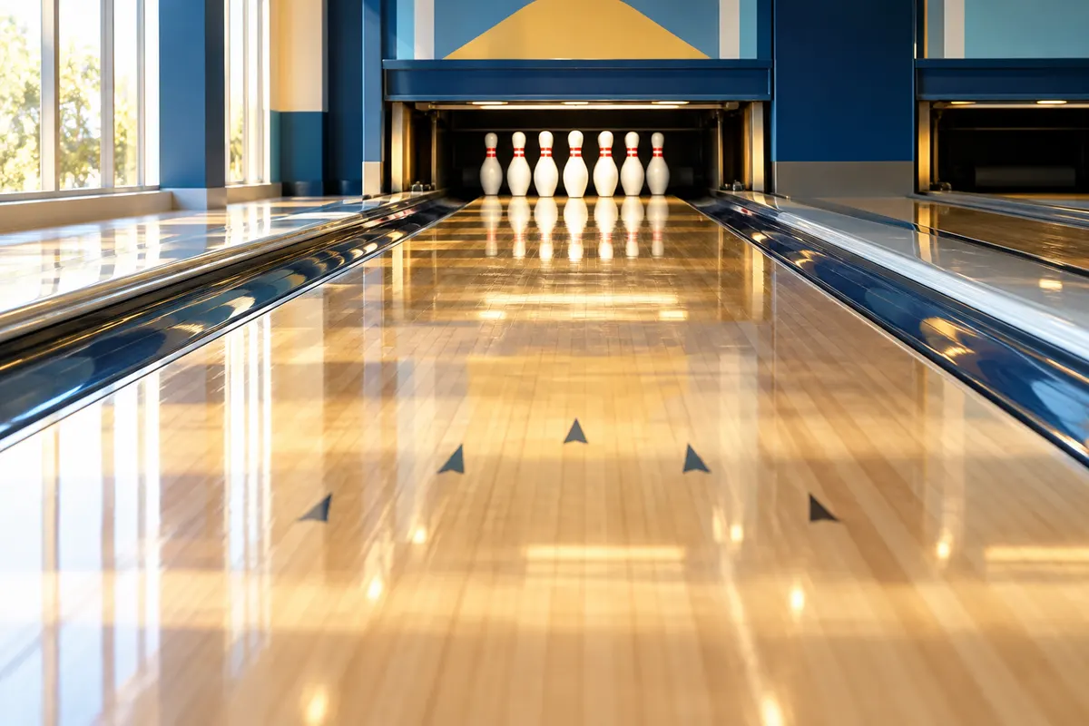 Üres bowlingpálya, a túlsó végén felállított bábukkal